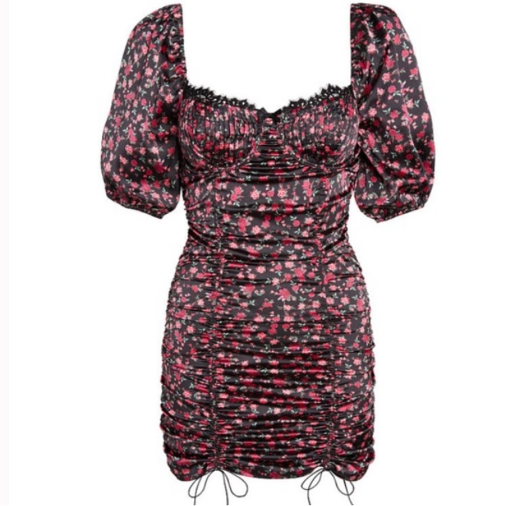 For Love And Lemons Black Mini Dress with Pink Floral Print - Picture 4 of 13